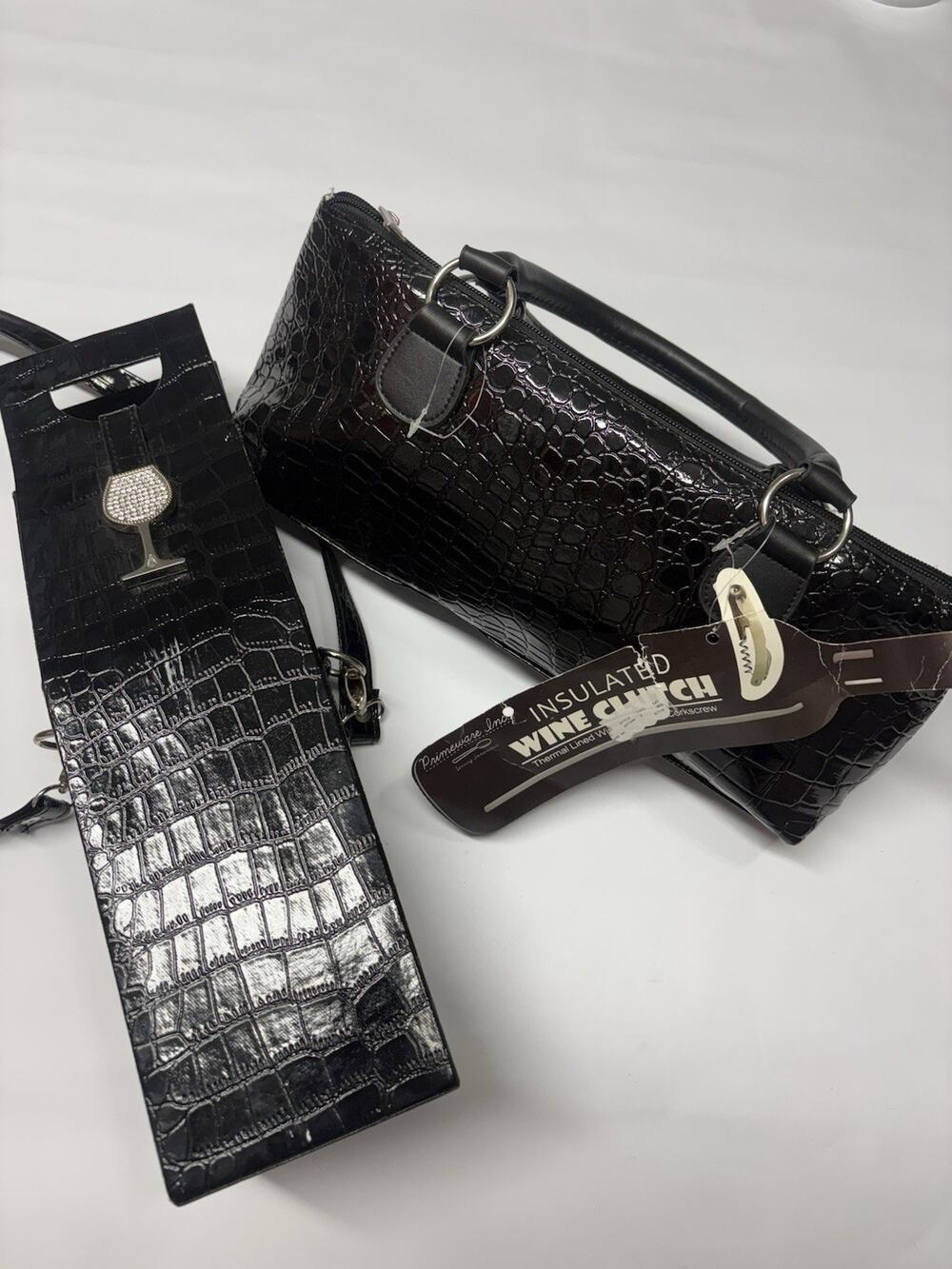 Primeware Insulated Wine Clutch & Matching Wine Bottle Carrier Black Croc Faux